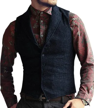 Men's Classic Peak Lapel Tweed Herringbone Waistcoat