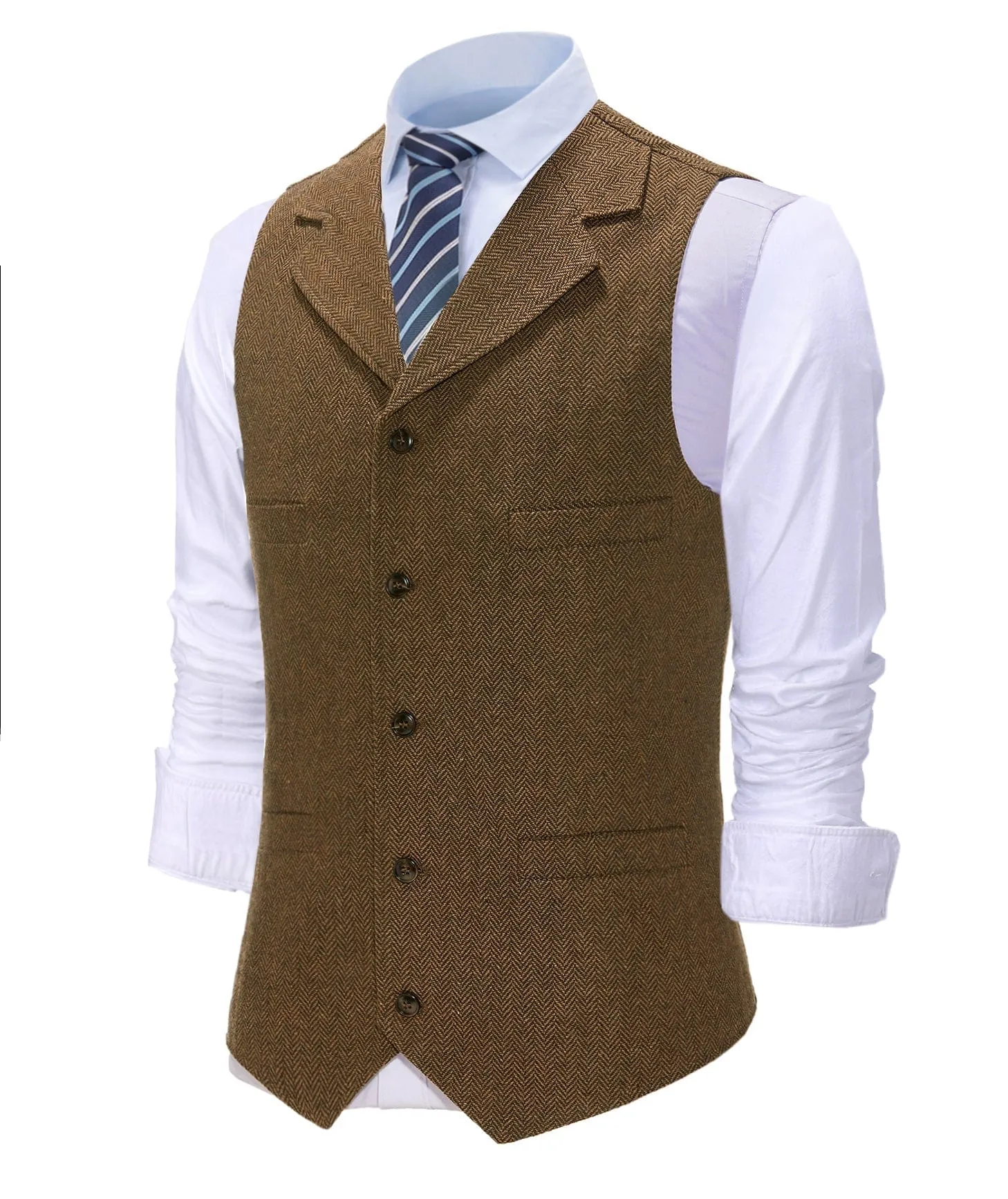 Men's Classic Slim Fit Tweed Herringbone Notch Lapel Suit Vest Waistcoat