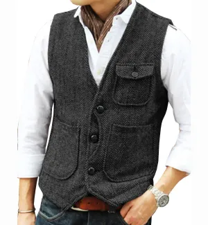 Mens Classic Tweed Herringbone Vintage V Neck Waistcoat