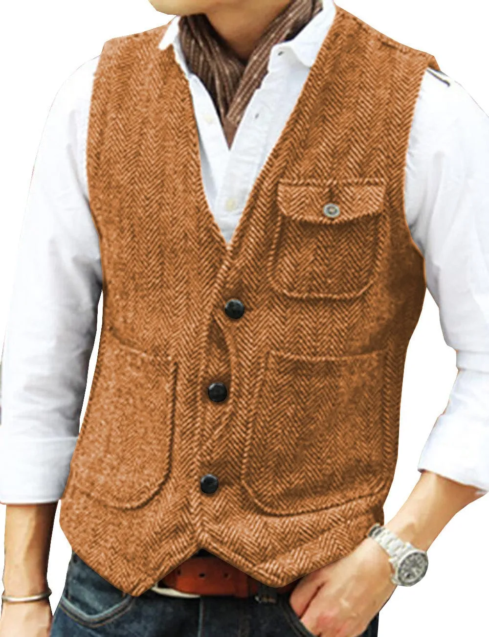 Mens Classic Tweed Herringbone Vintage V Neck Waistcoat