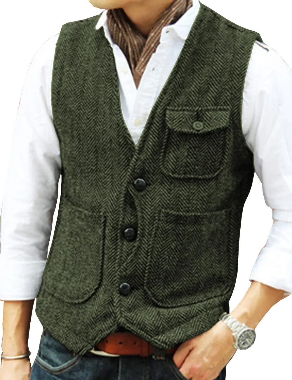 Mens Classic Tweed Herringbone Vintage V Neck Waistcoat