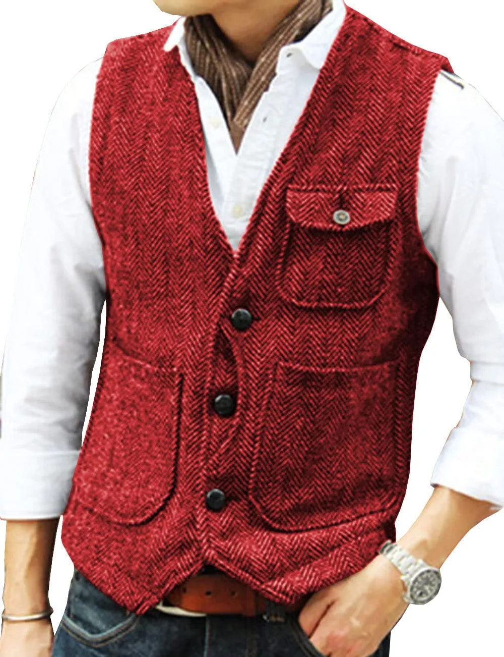 Mens Classic Tweed Herringbone Vintage V Neck Waistcoat