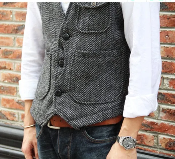 Mens Classic Tweed Herringbone Vintage V Neck Waistcoat