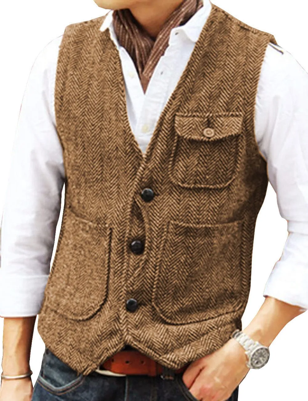 Mens Classic Tweed Herringbone Vintage V Neck Waistcoat