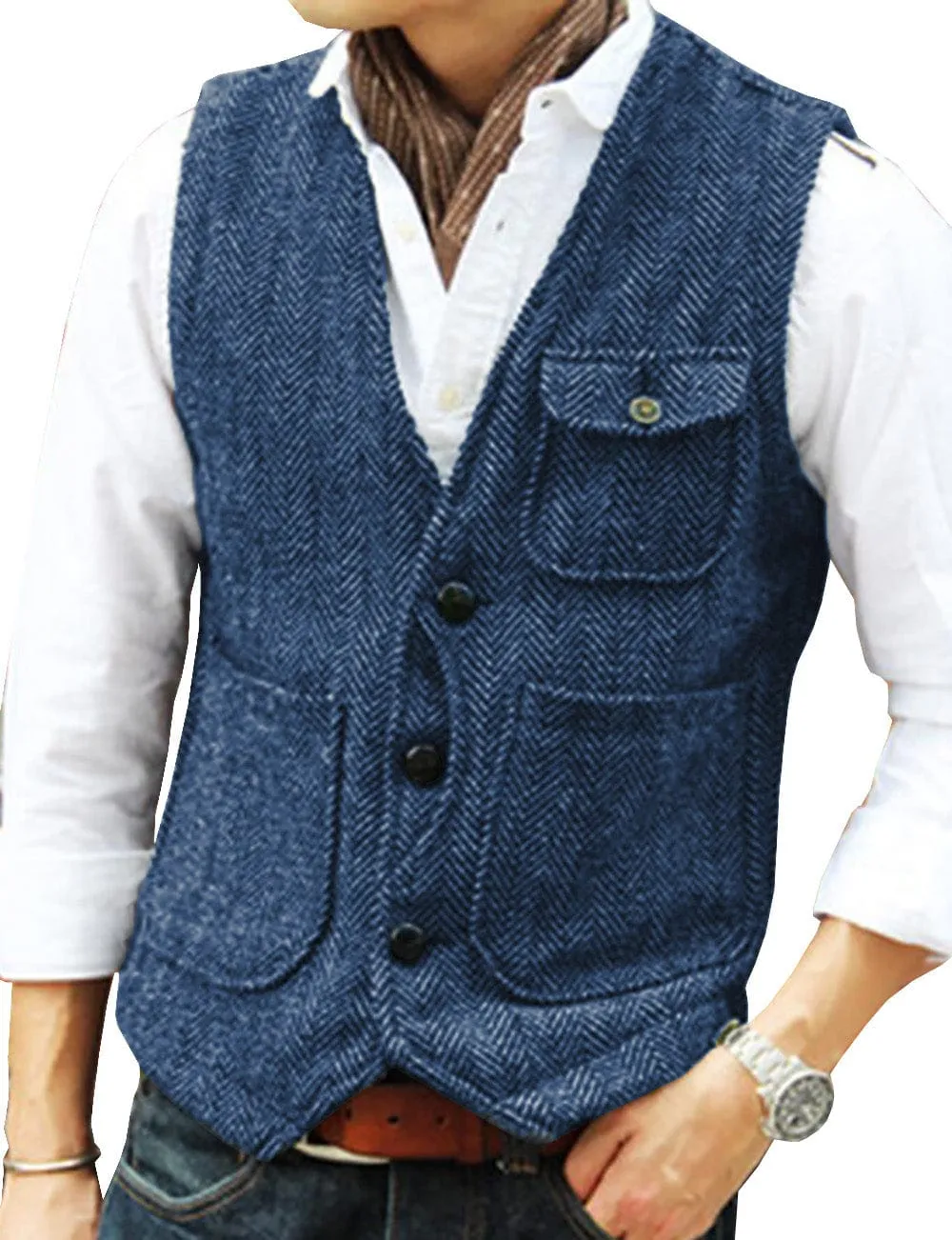 Mens Classic Tweed Herringbone Vintage V Neck Waistcoat