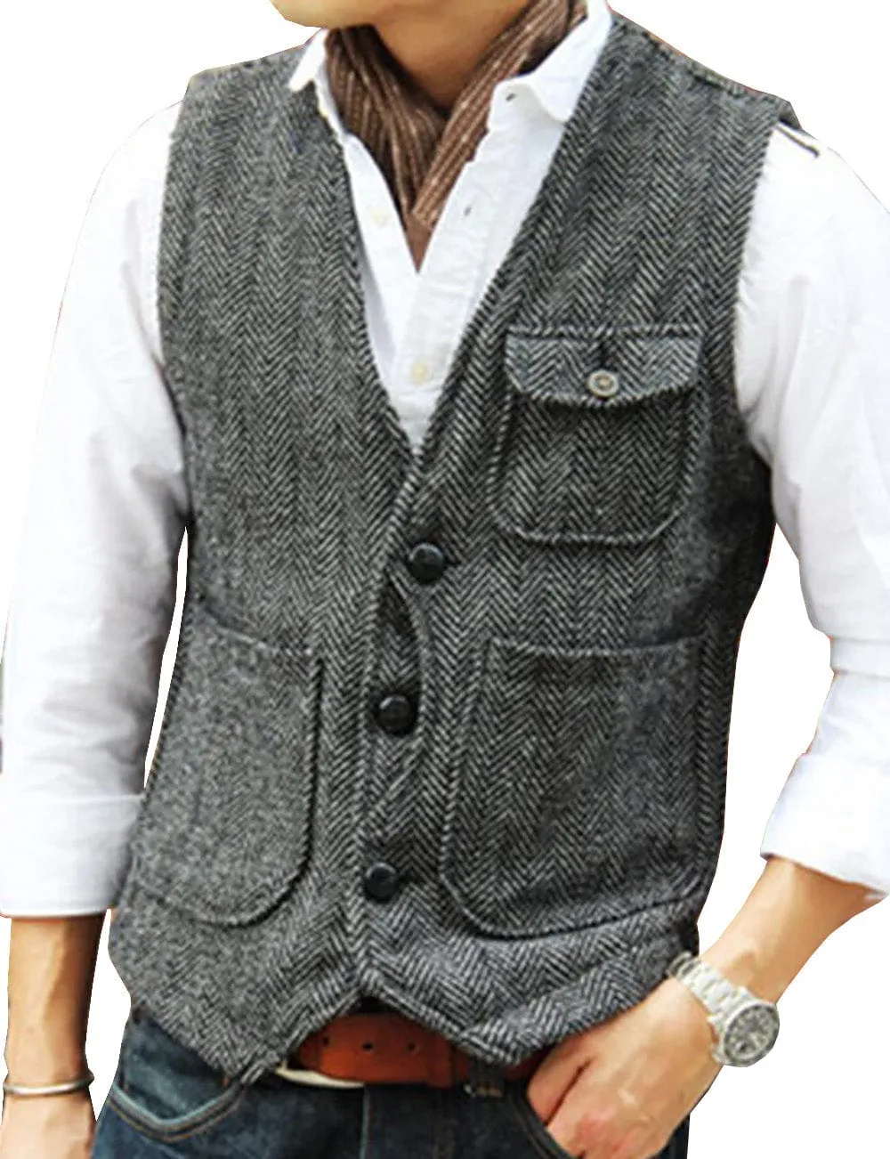 Mens Classic Tweed Herringbone Vintage V Neck Waistcoat