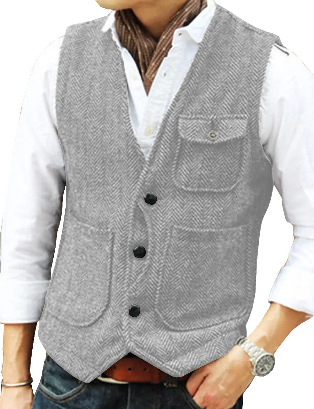 Mens Classic Tweed Herringbone Vintage V Neck Waistcoat