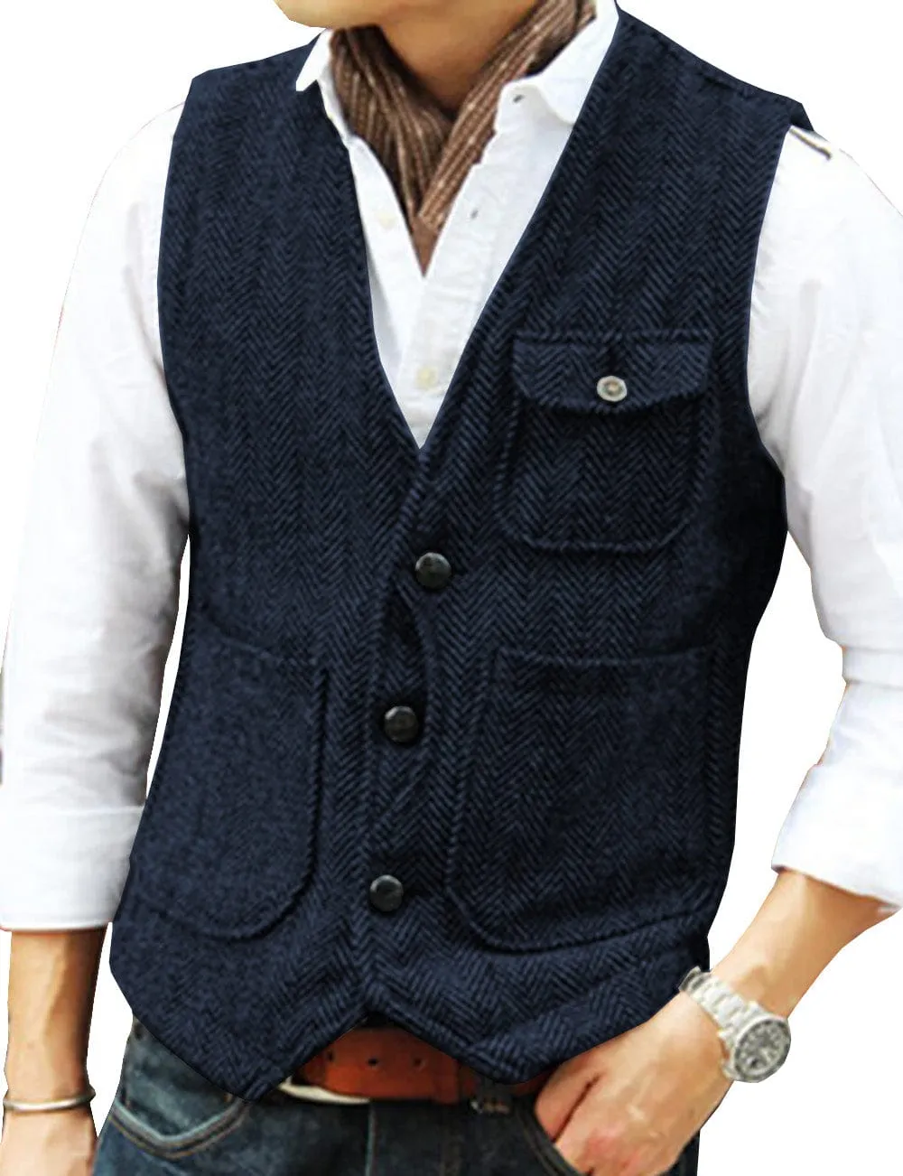 Mens Classic Tweed Herringbone Vintage V Neck Waistcoat