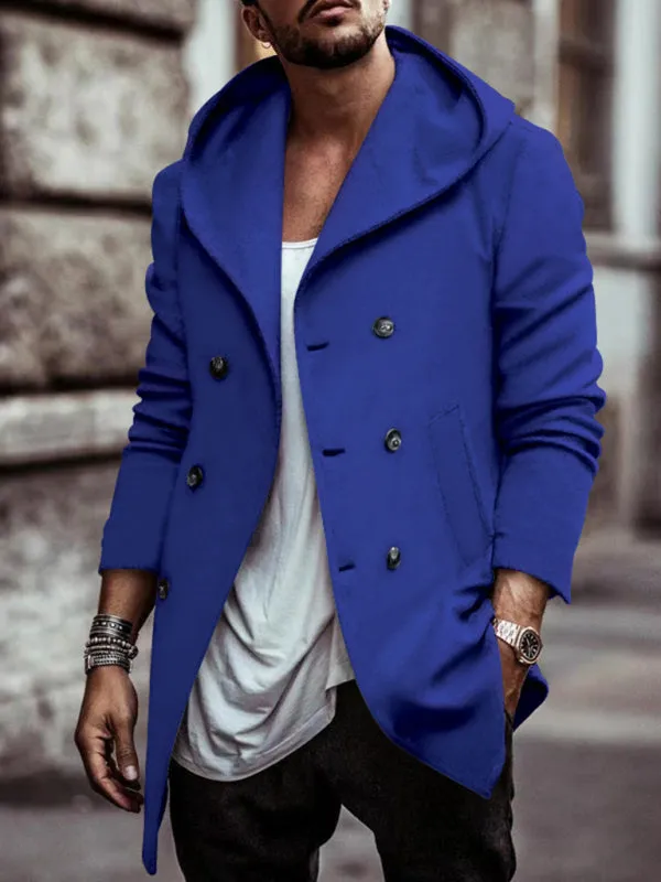 Men's mid-length lapel hooded double-breasted casual trench coat