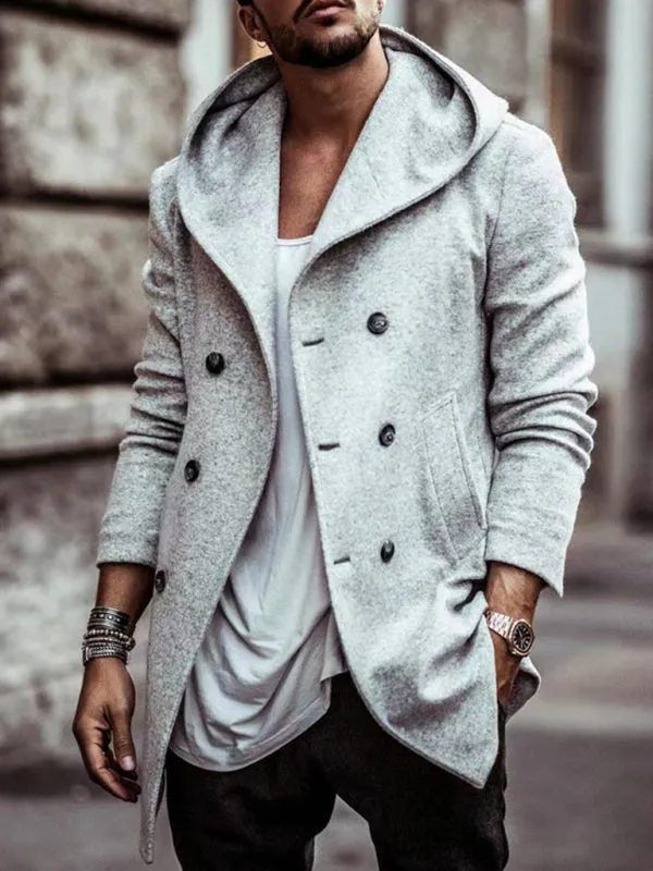 Men's mid-length lapel hooded double-breasted casual trench coat