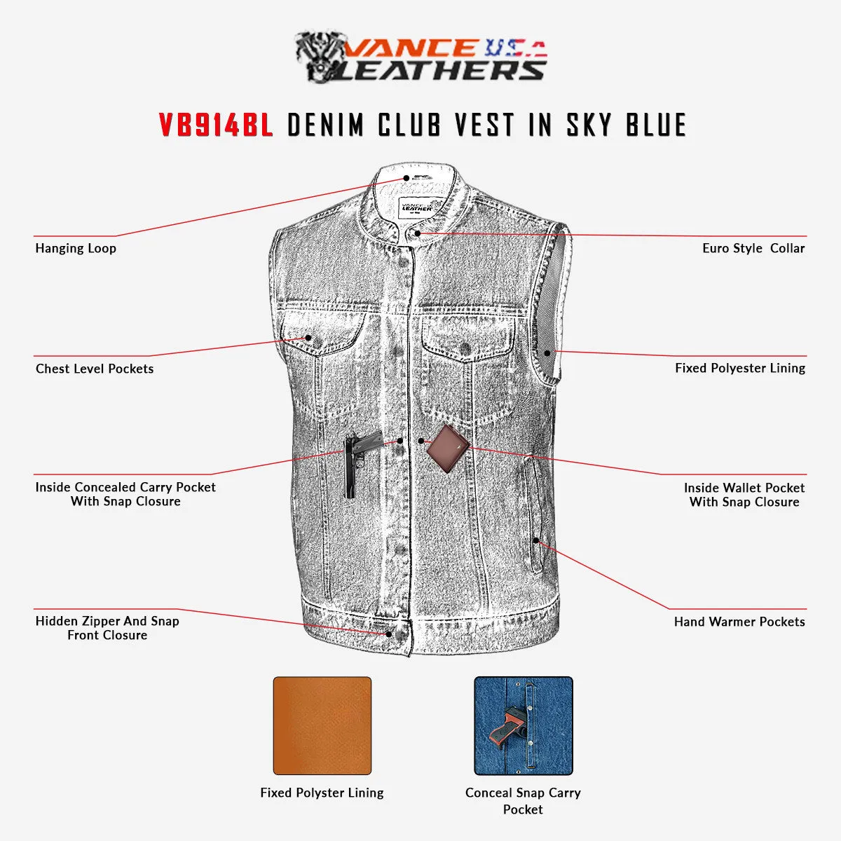 Mens Sky Blue Denim Club Vest w/ Concealed Carry