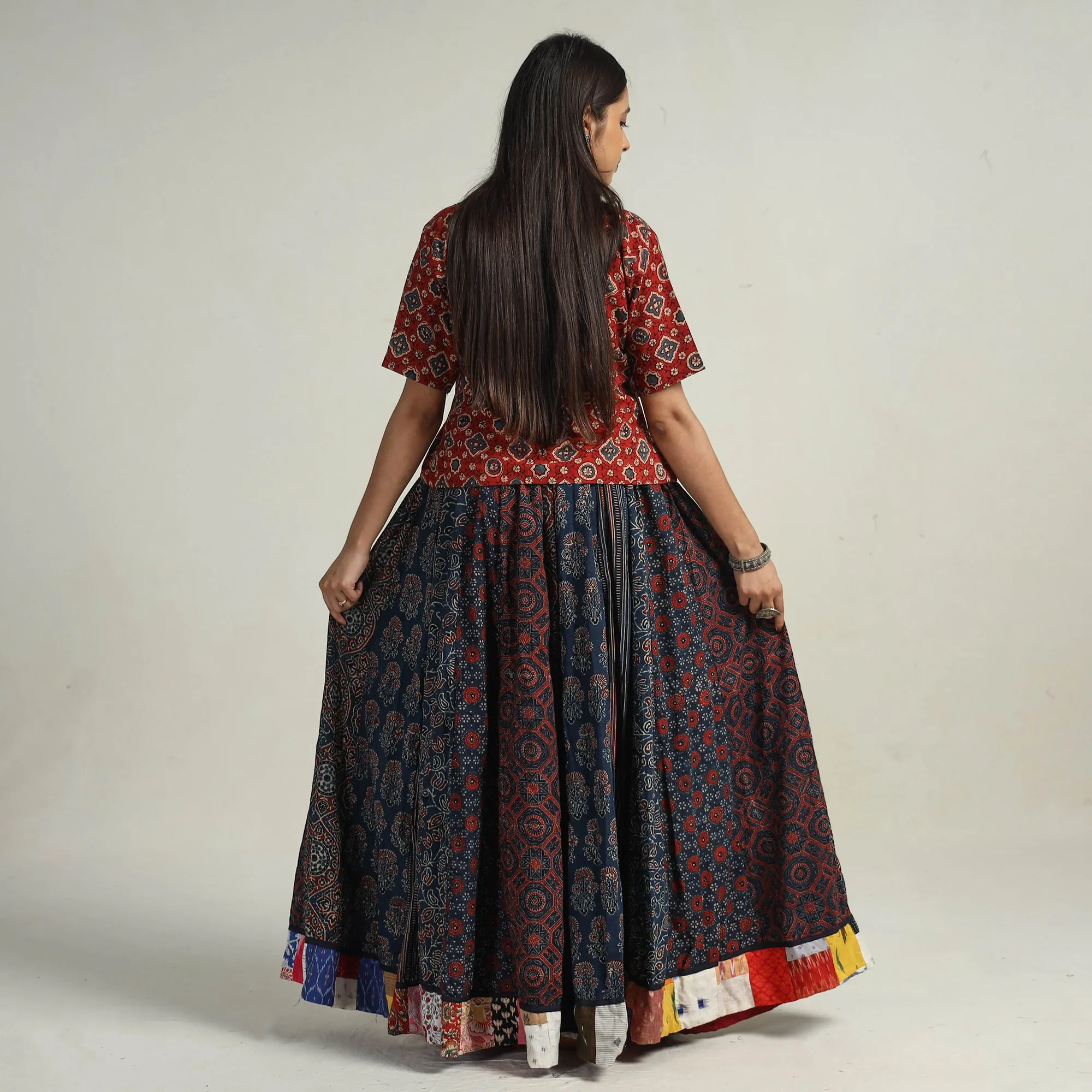 Multicolor - Kutch Block Printed 24 Kali Cotton Long Skirt 28