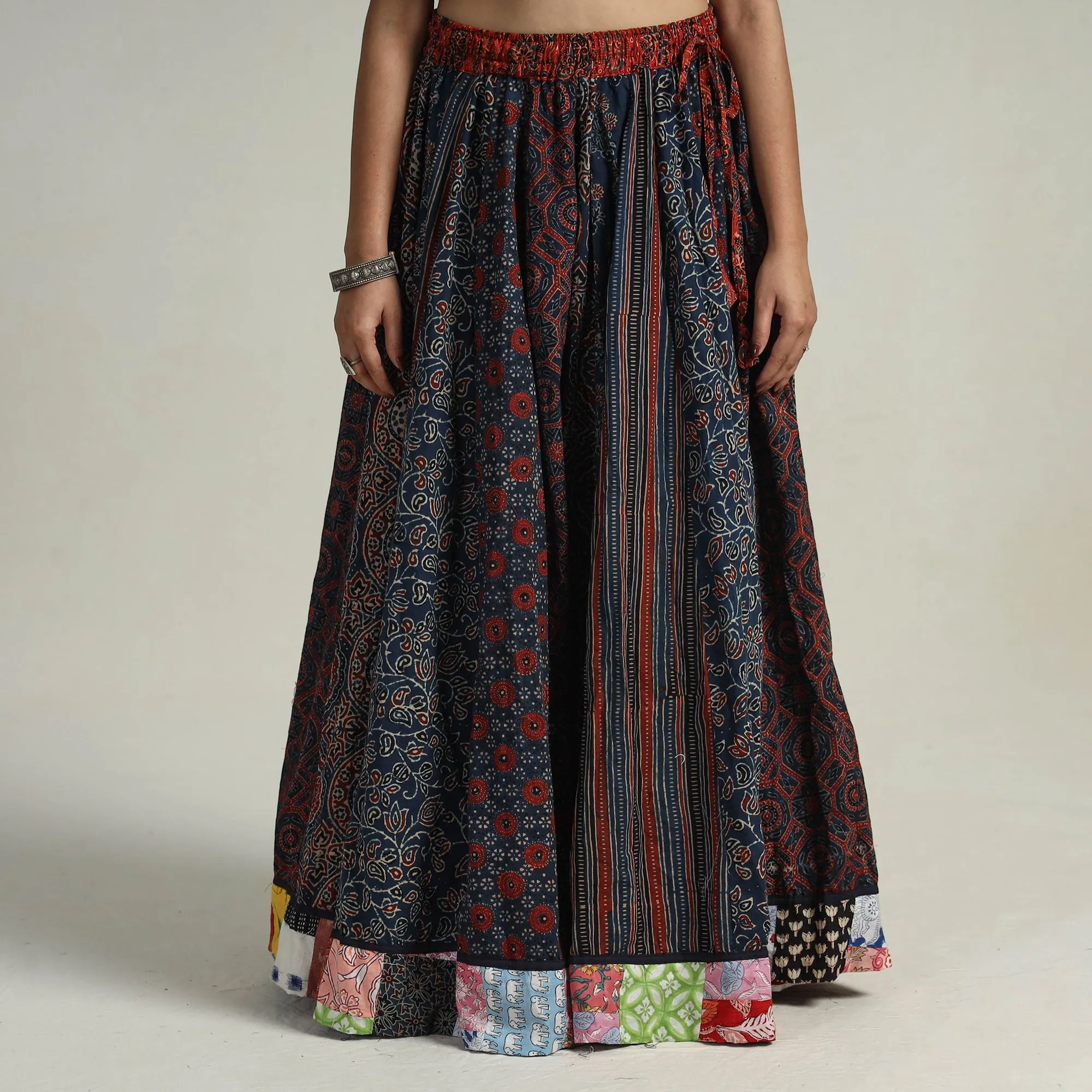 Multicolor - Kutch Block Printed 24 Kali Cotton Long Skirt 28