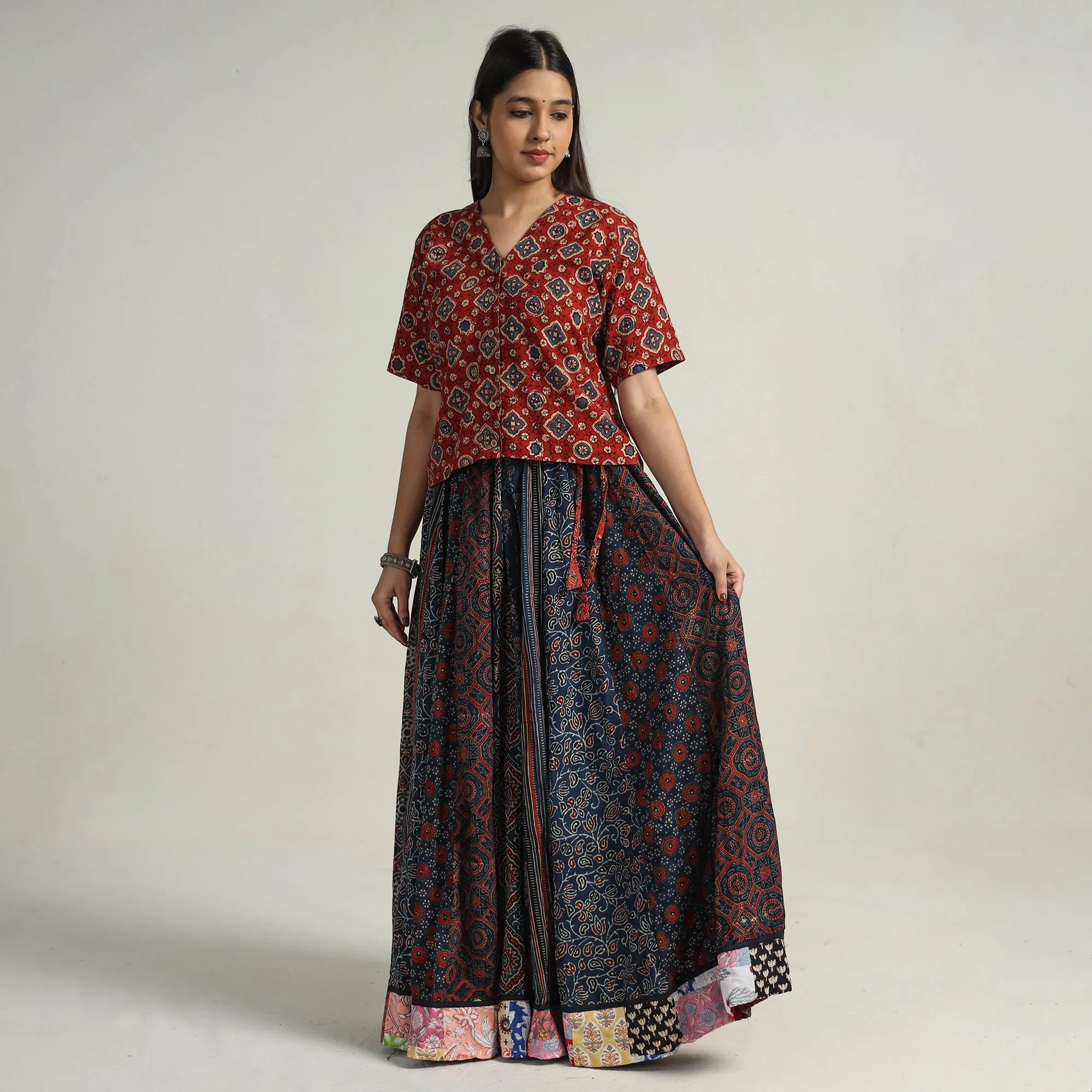 Multicolor - Kutch Block Printed 24 Kali Cotton Long Skirt 28