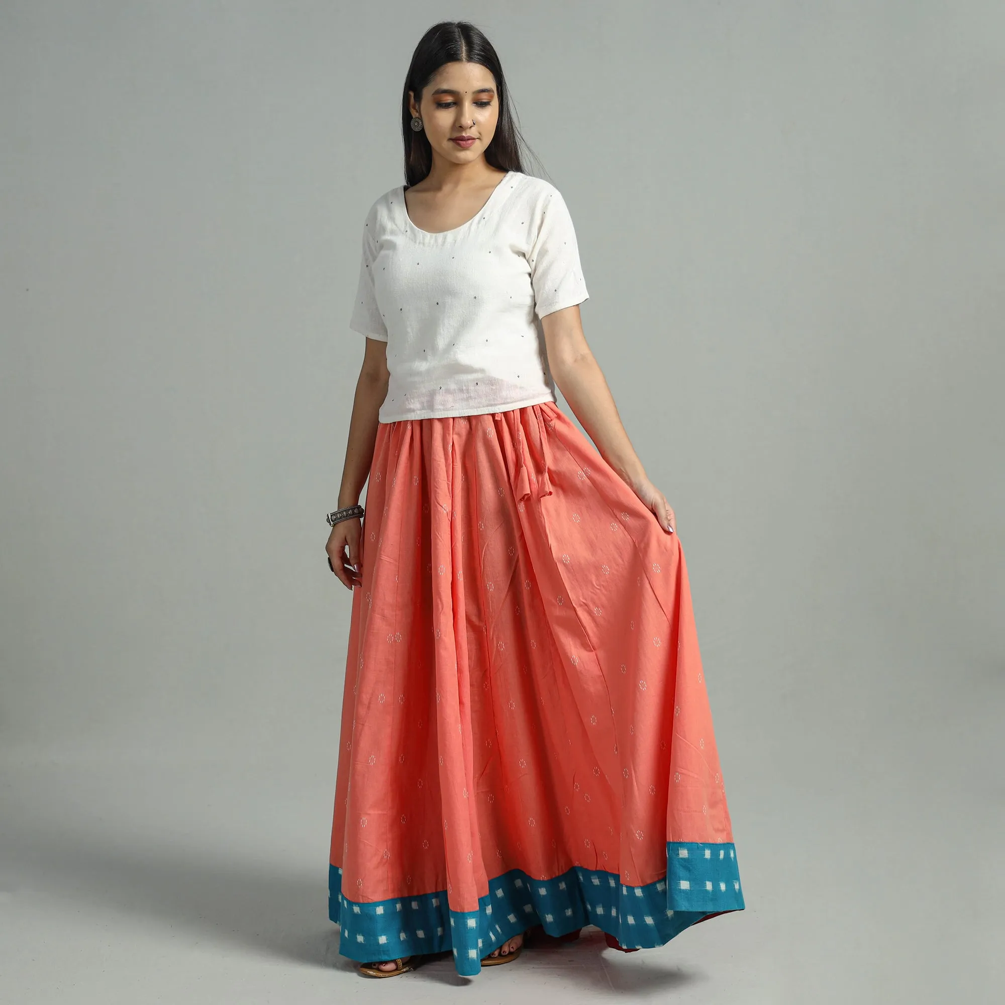 Peach - Jacquard Patchwork 24 Kali Cotton Long Skirt 30