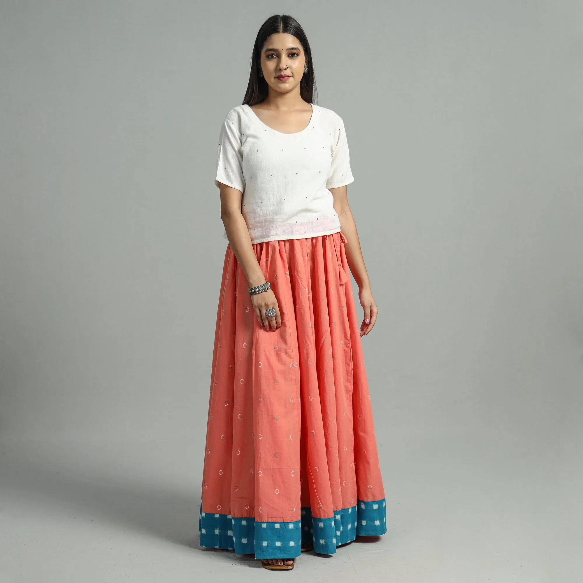 Peach - Jacquard Patchwork 24 Kali Cotton Long Skirt 30