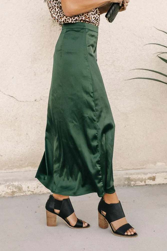 Satin Faux Wrap Skirt in Emerald