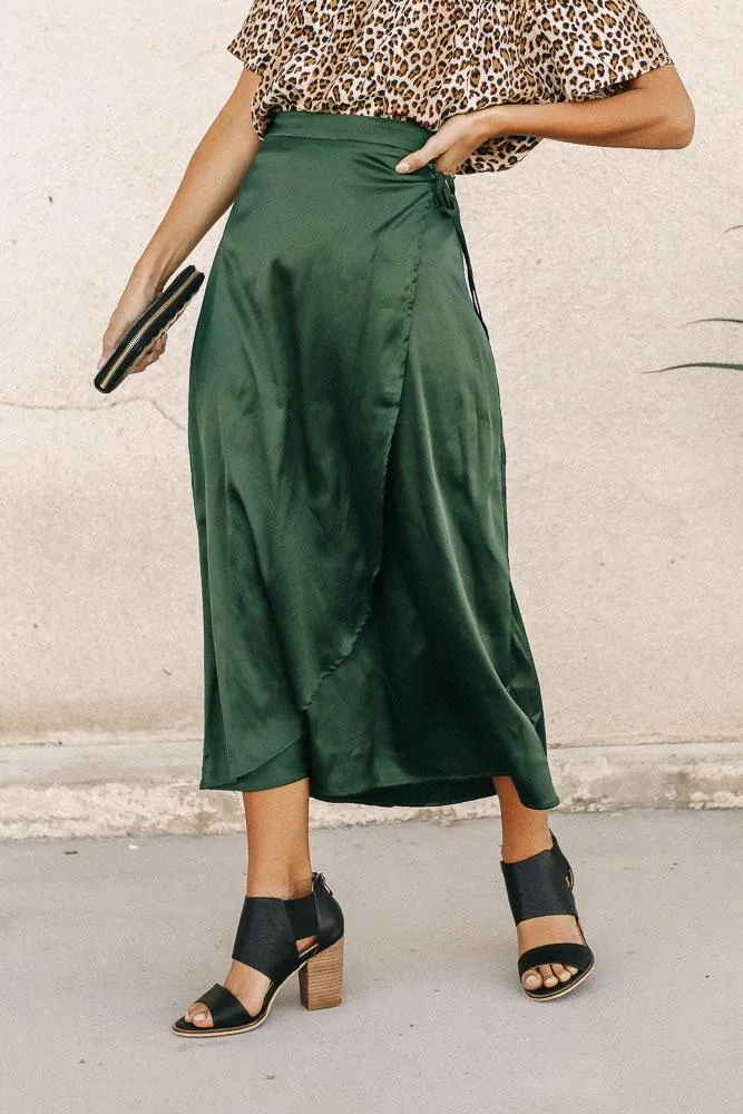 Satin Faux Wrap Skirt in Emerald