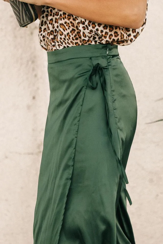 Satin Faux Wrap Skirt in Emerald