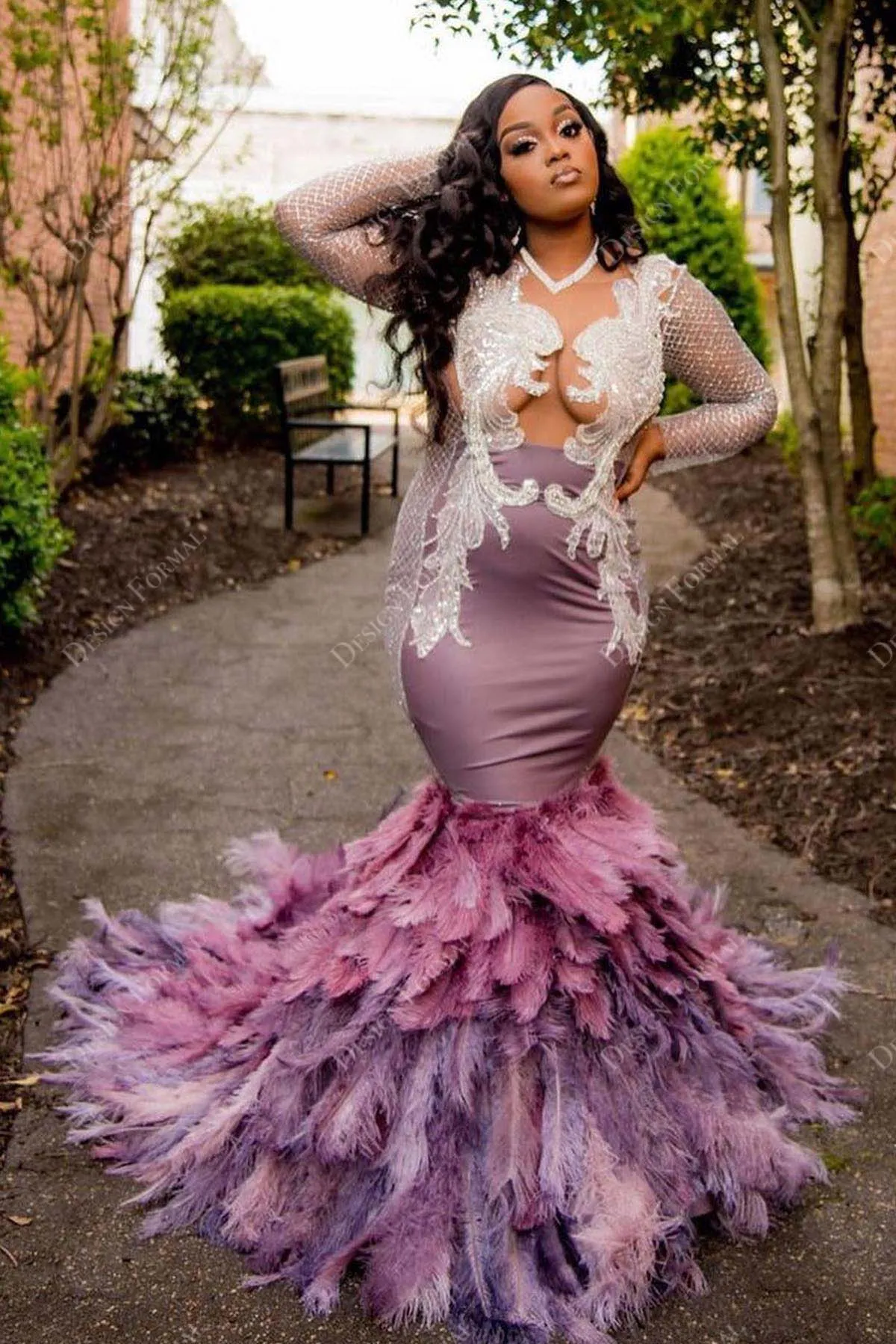 Sequined Lace Mauve Big Feathers Mermaid Custom Prom Dress