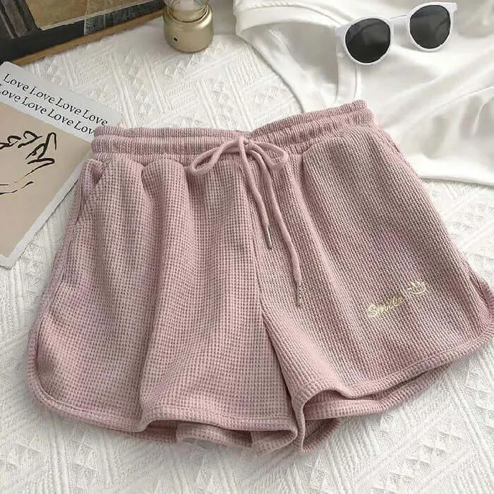 Shorts Women's Sports Fashion Waffle Pink Summer Student Thin Section Loose Wide Legs Casual High Waist Hot Pants