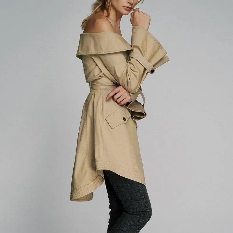 Solid Color Sexy Off Shoulder Belt Trench Coat