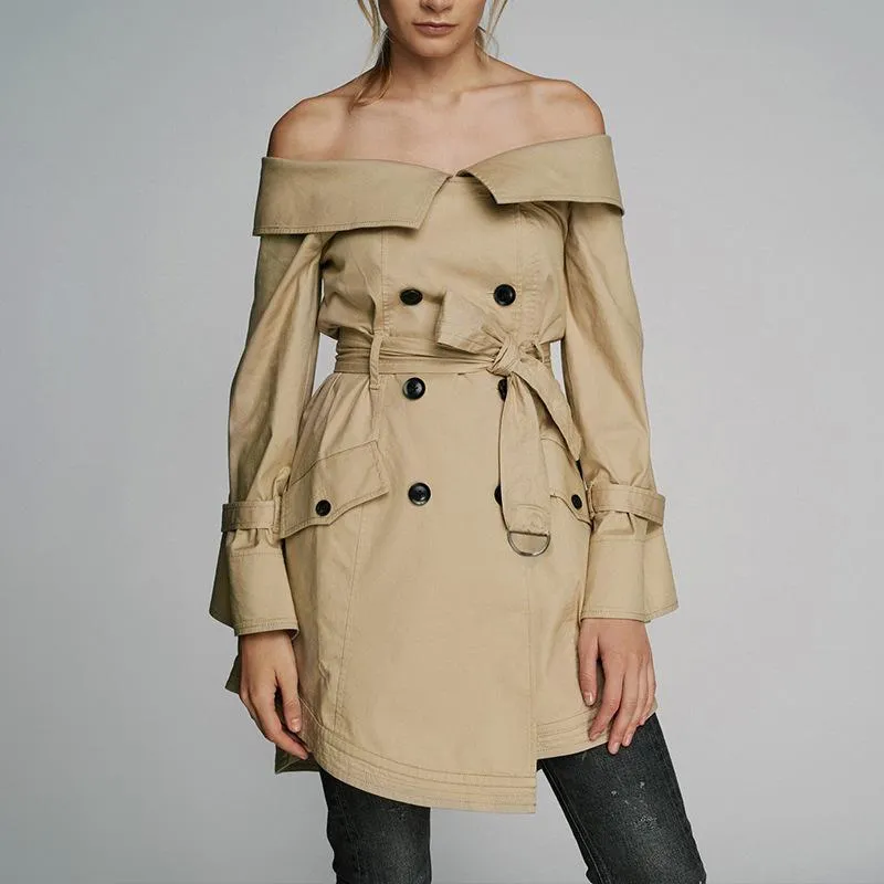 Solid Color Sexy Off Shoulder Belt Trench Coat