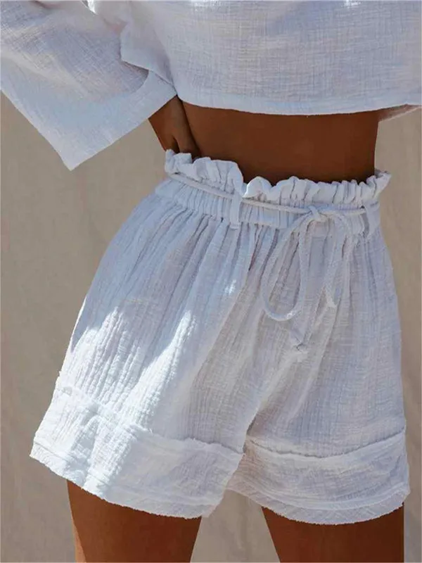 Solid Loose Pleated Elastic Waist High Waist Cotton Linen Shorts Hot Pants