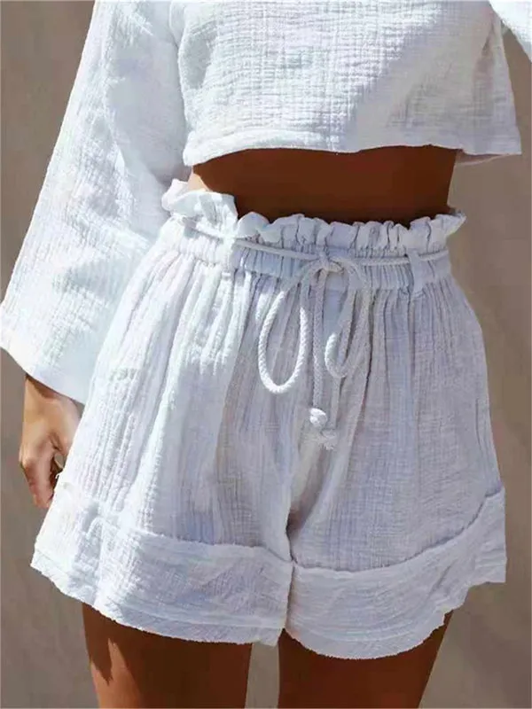 Solid Loose Pleated Elastic Waist High Waist Cotton Linen Shorts Hot Pants