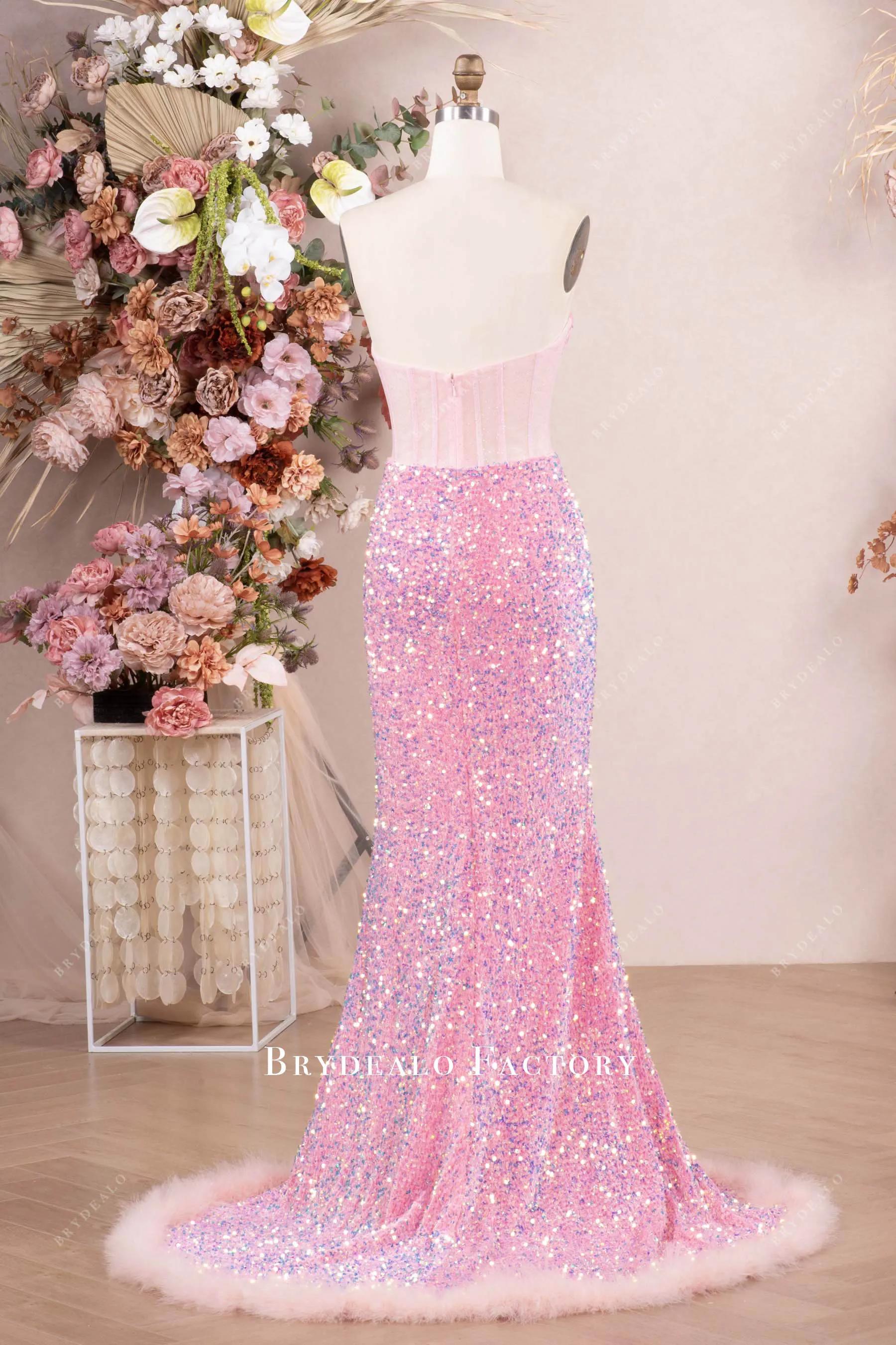 Sparkly Pink Corset High Slit Feather Prom Dress