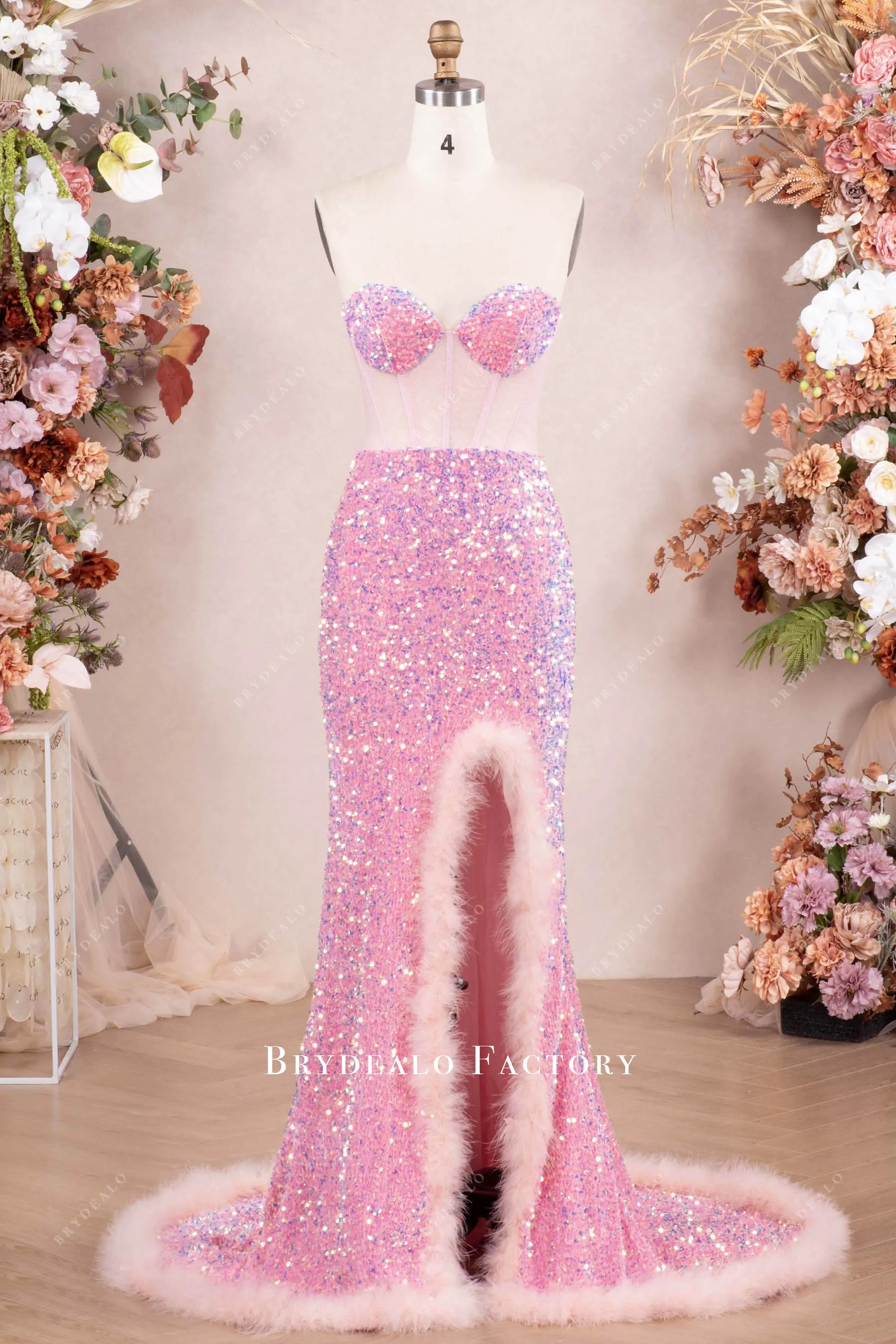 Sparkly Pink Corset High Slit Feather Prom Dress