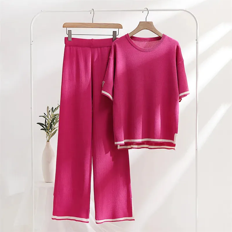 Two Piece Set Elegant Pants Sets Ice Knitted Outfits For Women Short Sleeve Pajama Suit