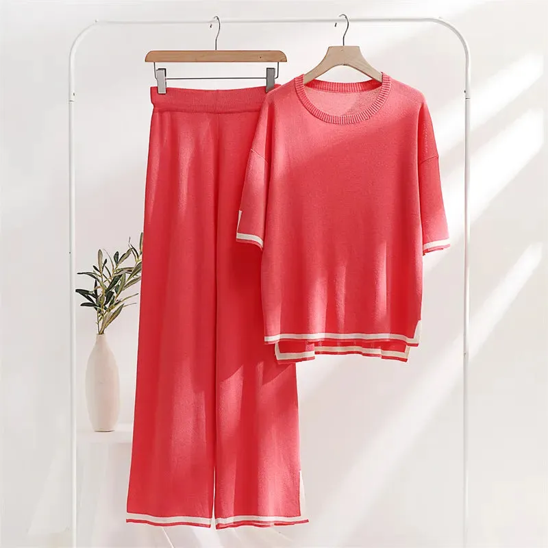 Two Piece Set Elegant Pants Sets Ice Knitted Outfits For Women Short Sleeve Pajama Suit