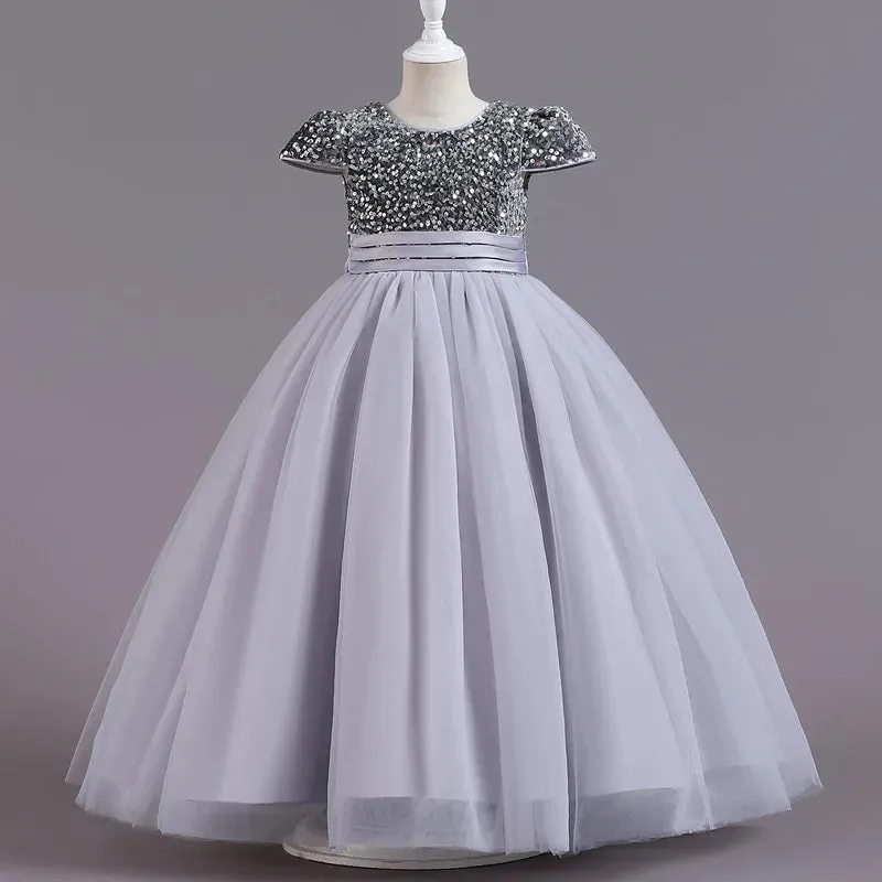 Winter Girls Sequin Bow Long Mesh Fluffy Holiday Fashion Evening Dress