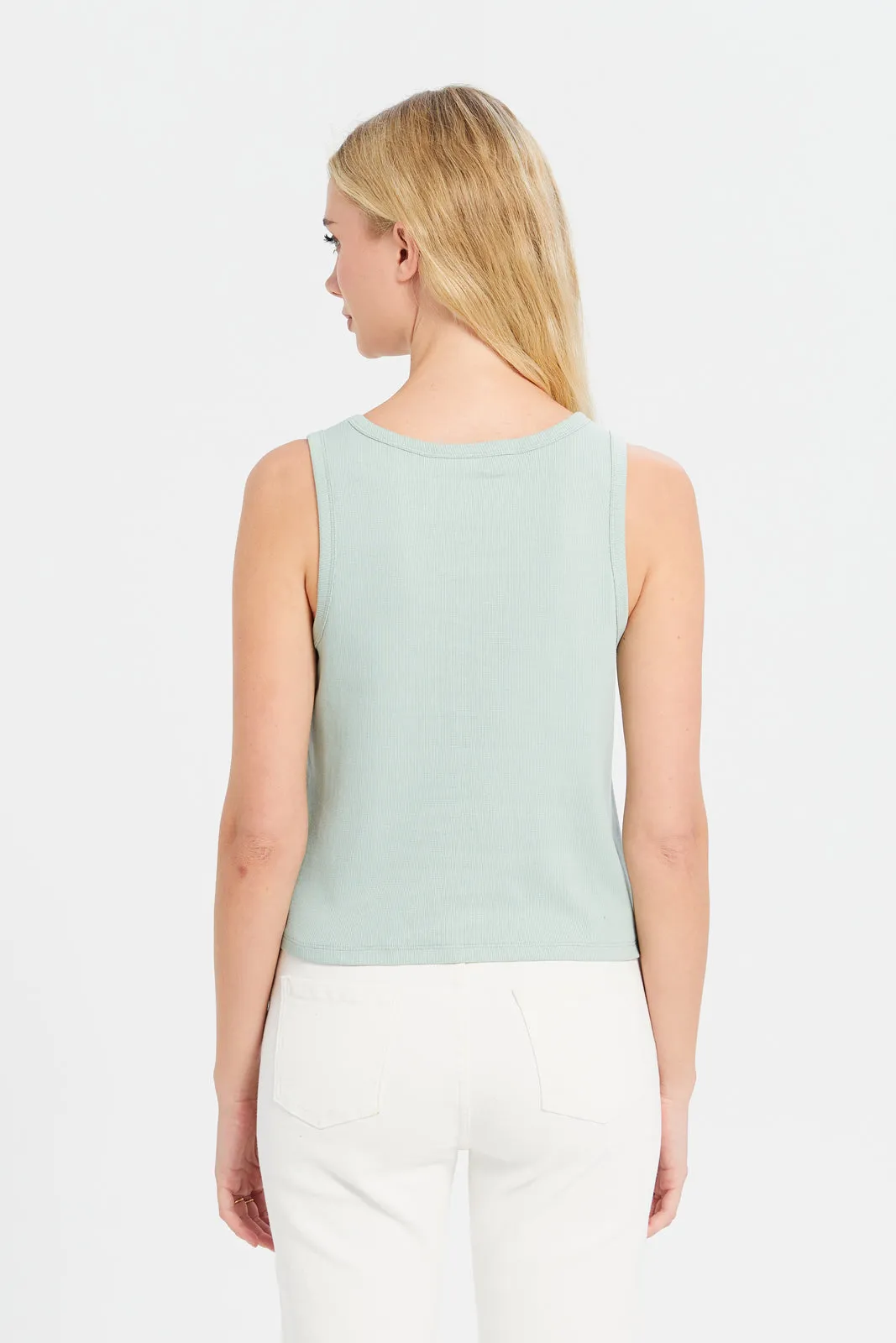 Women Blue Rib Vest Cropped Top