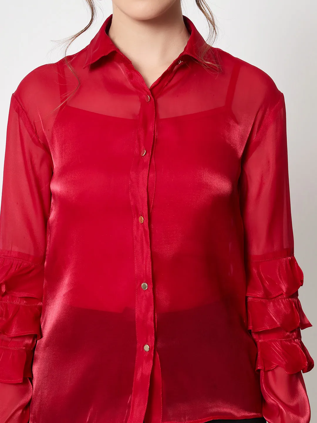 Women Classic Spread Collar Ruffled Red Party Shirt