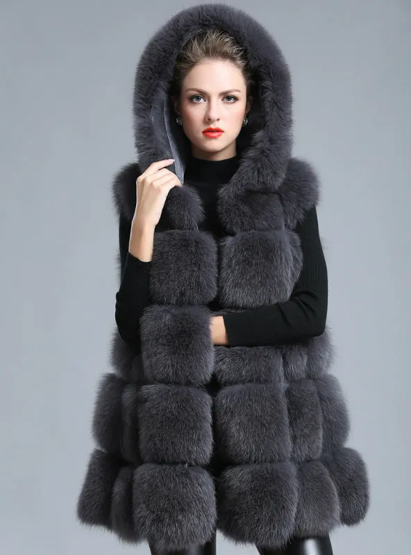 Women Thick Faux Fur Vest Hooded Fox Fur Vest Middle-Long