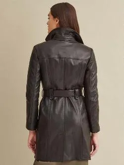 Womens Double-Breasted Belted Leather Trench Coat