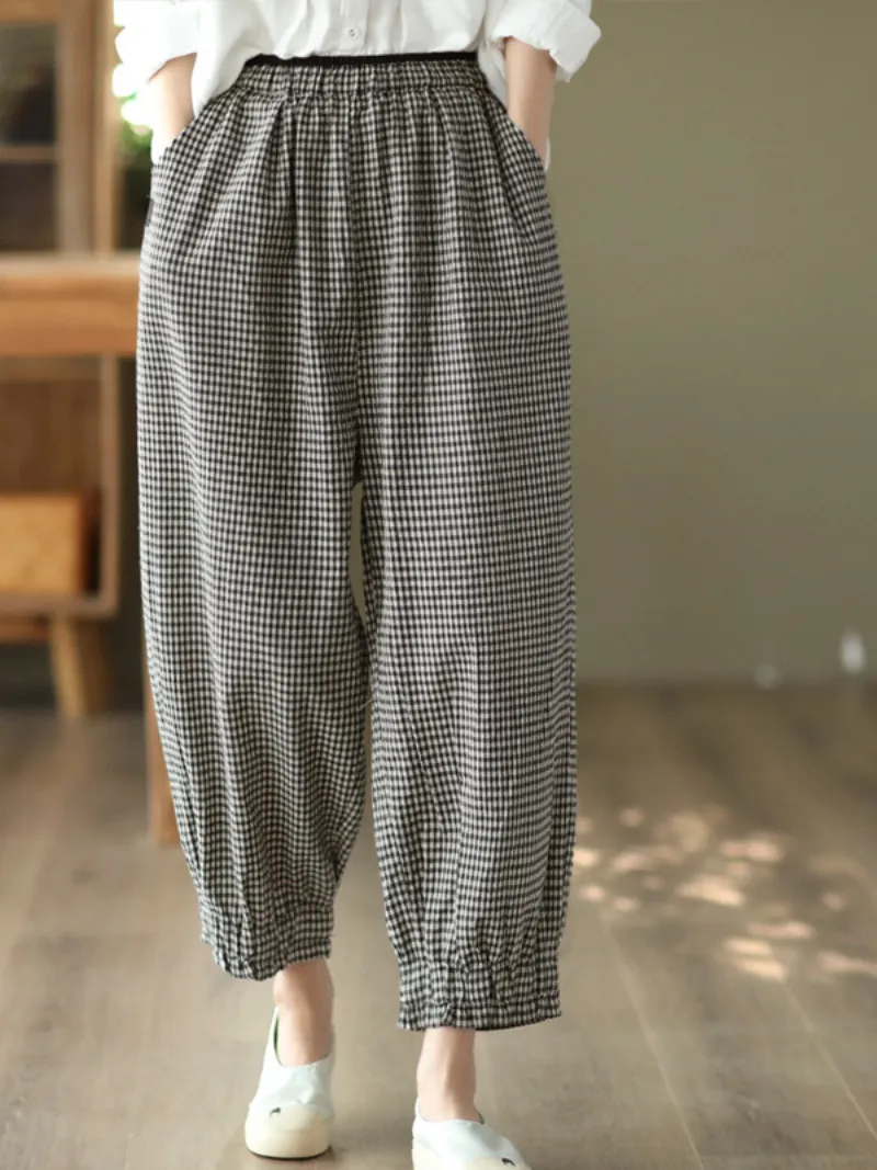 Women's Elastic Waist Plaid Casual Harem Trousers Bottom Pants