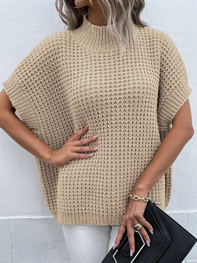 Women's Mock Neck Batwing Short Sleeve Pullover Sweater Loose Oversized Knit Jumper Tops