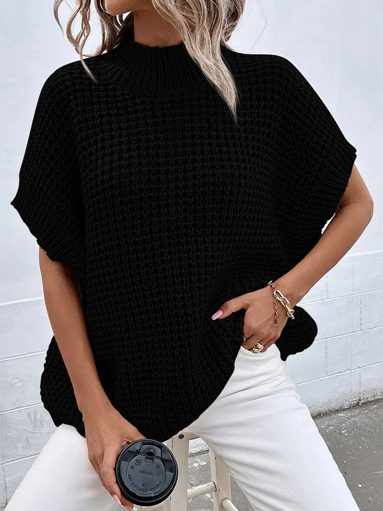 Women's Mock Neck Batwing Short Sleeve Pullover Sweater Loose Oversized Knit Jumper Tops