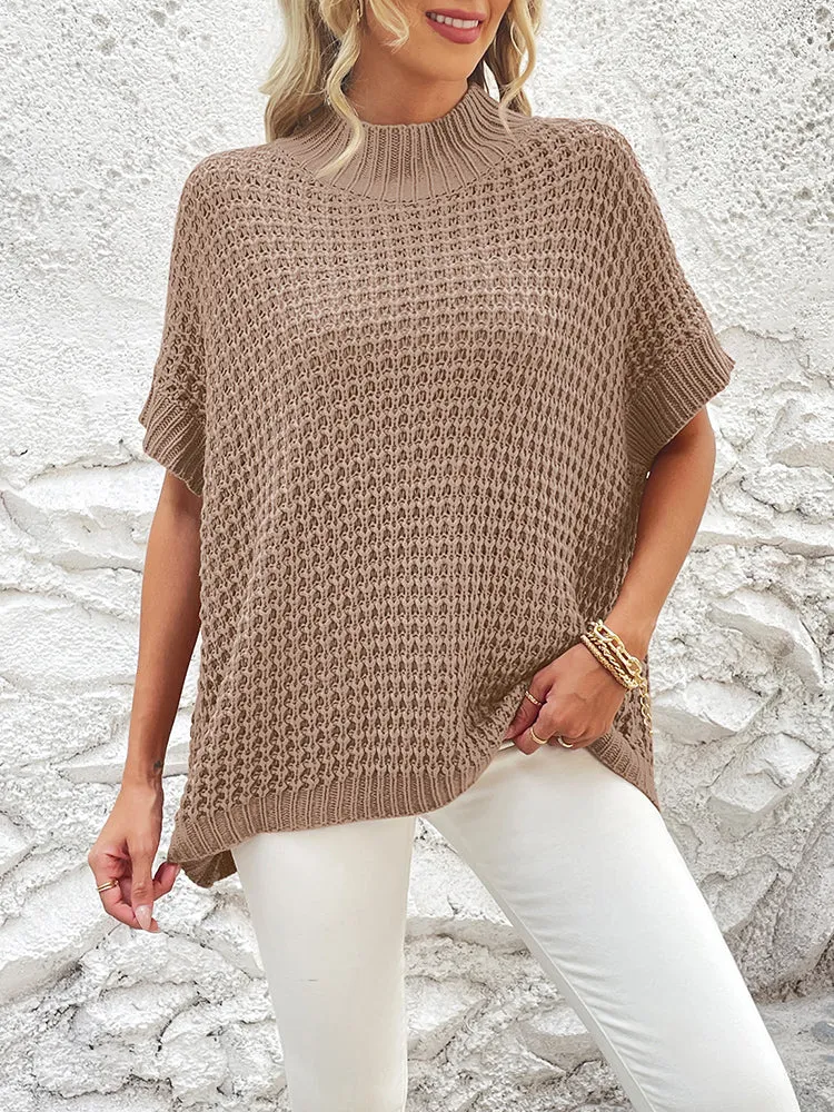 Women's Mock Neck Batwing Short Sleeve Pullover Sweater Loose Oversized Knit Jumper Tops