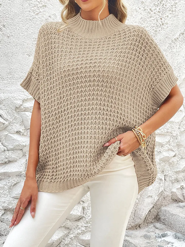 Women's Mock Neck Batwing Short Sleeve Pullover Sweater Loose Oversized Knit Jumper Tops