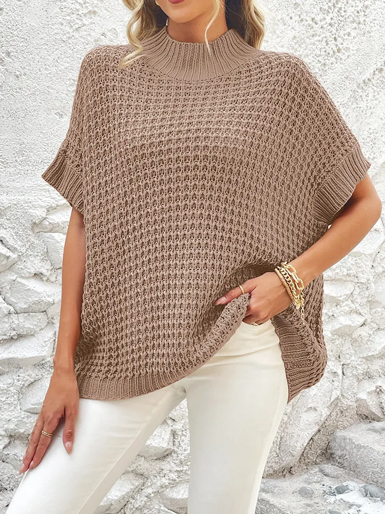 Women's Mock Neck Batwing Short Sleeve Pullover Sweater Loose Oversized Knit Jumper Tops