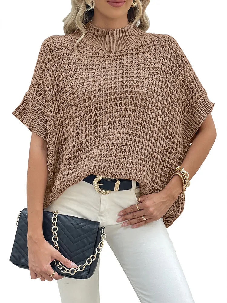 Women's Mock Neck Batwing Short Sleeve Pullover Sweater Loose Oversized Knit Jumper Tops