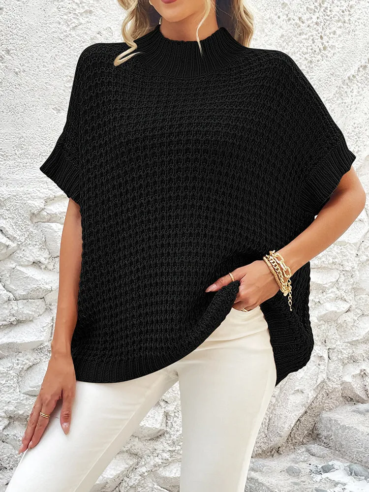 Women's Mock Neck Batwing Short Sleeve Pullover Sweater Loose Oversized Knit Jumper Tops