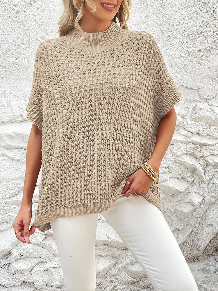 Women's Mock Neck Batwing Short Sleeve Pullover Sweater Loose Oversized Knit Jumper Tops