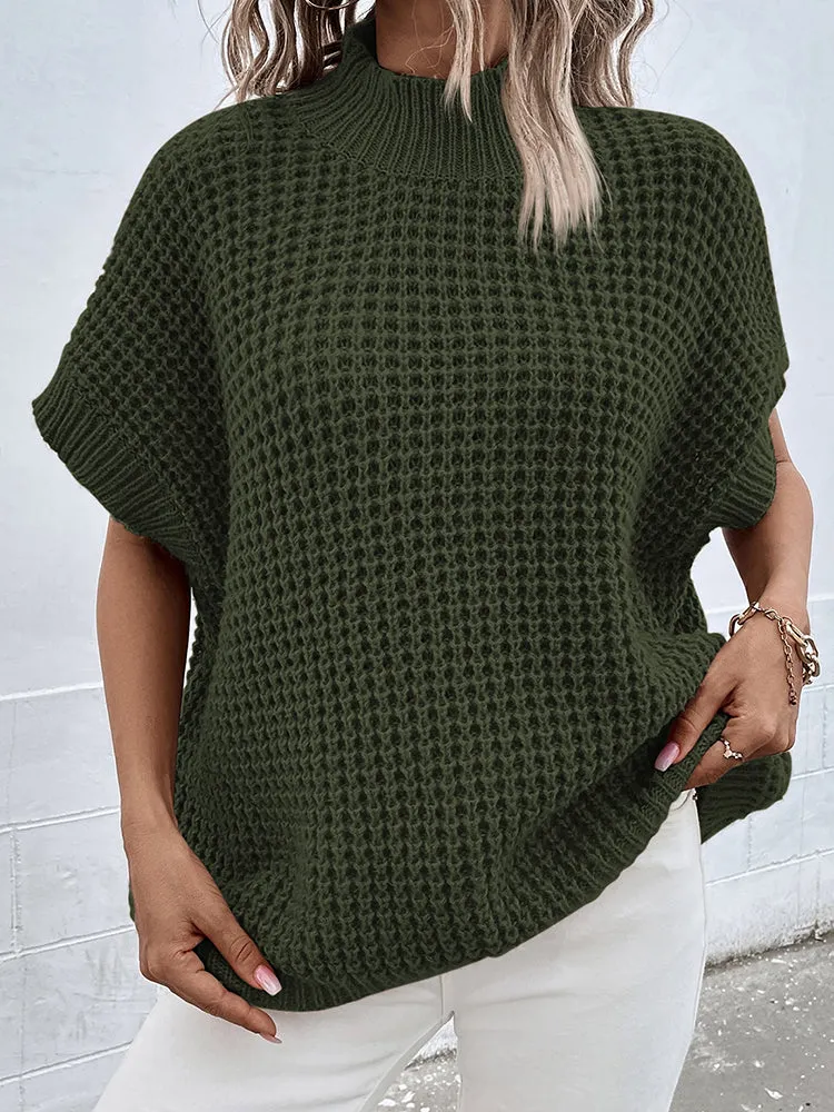 Women's Mock Neck Batwing Short Sleeve Pullover Sweater Loose Oversized Knit Jumper Tops