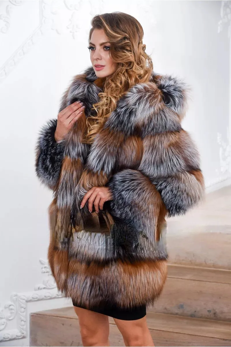 Women's natural silver fox fur hooded coat winter thickened warm fur coat